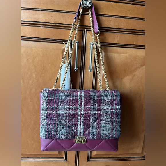 Michelle Moon Quilted Leather And Tweed Two-Tone Fabric Bag in Plum And Grey - Picture 16 of 16